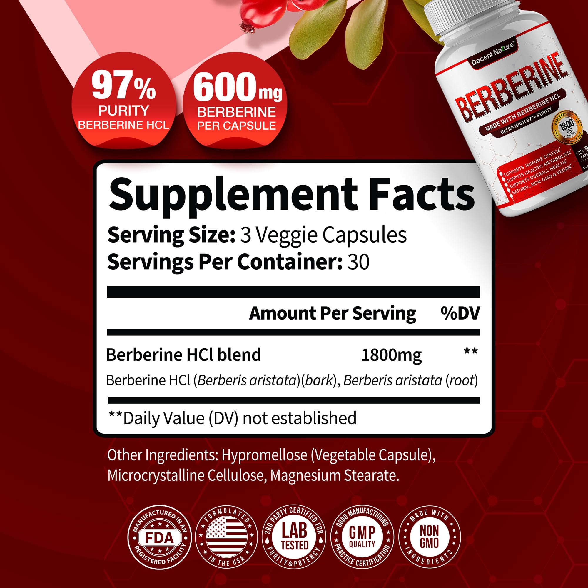 DECENT NATURE Berberine HCL bottle front view, supports energy balance.
