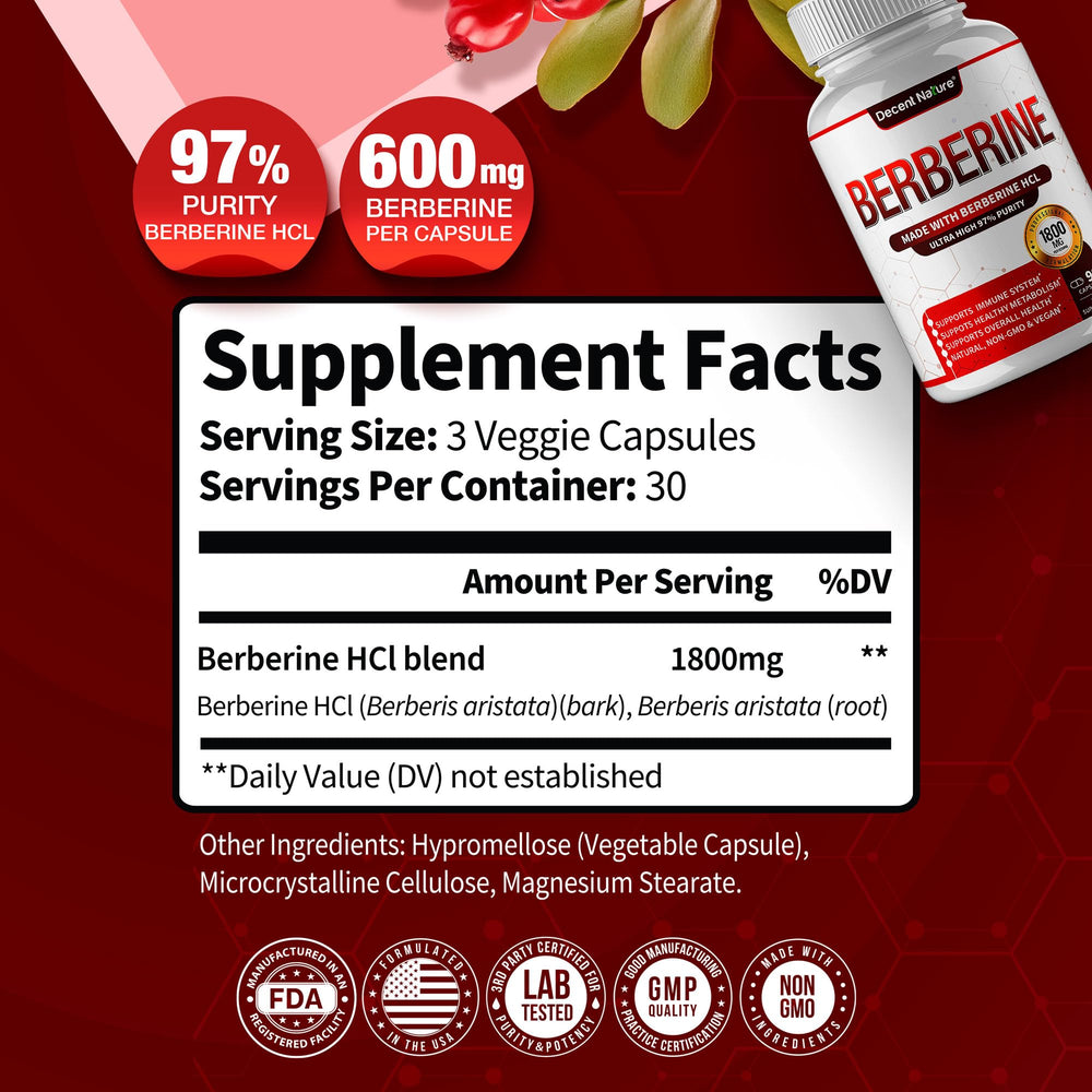 DECENT NATURE Berberine HCL bottle front view, supports energy balance.