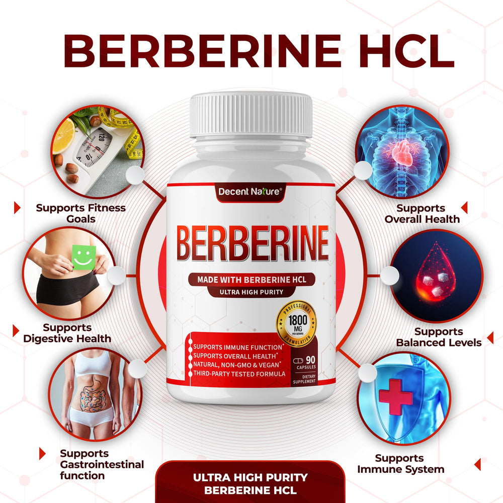 DECENT NATURE Berberine HCL bottle being poured into hand for easy daily use.
