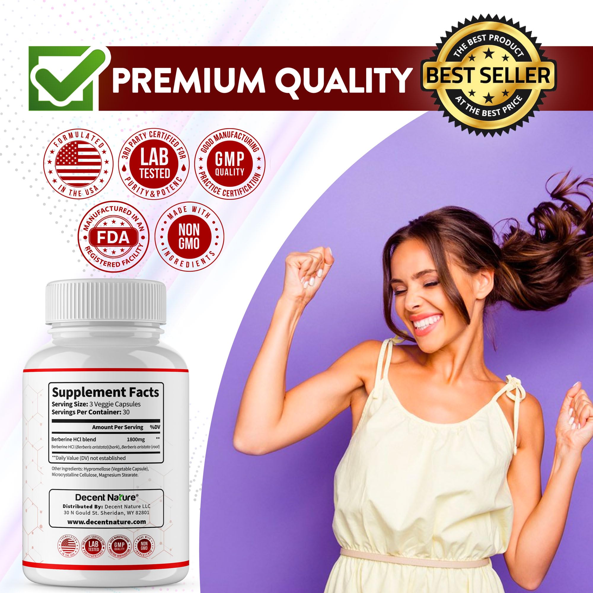 DECENT NATURE Berberine HCL bottle with water, convenient daily use.