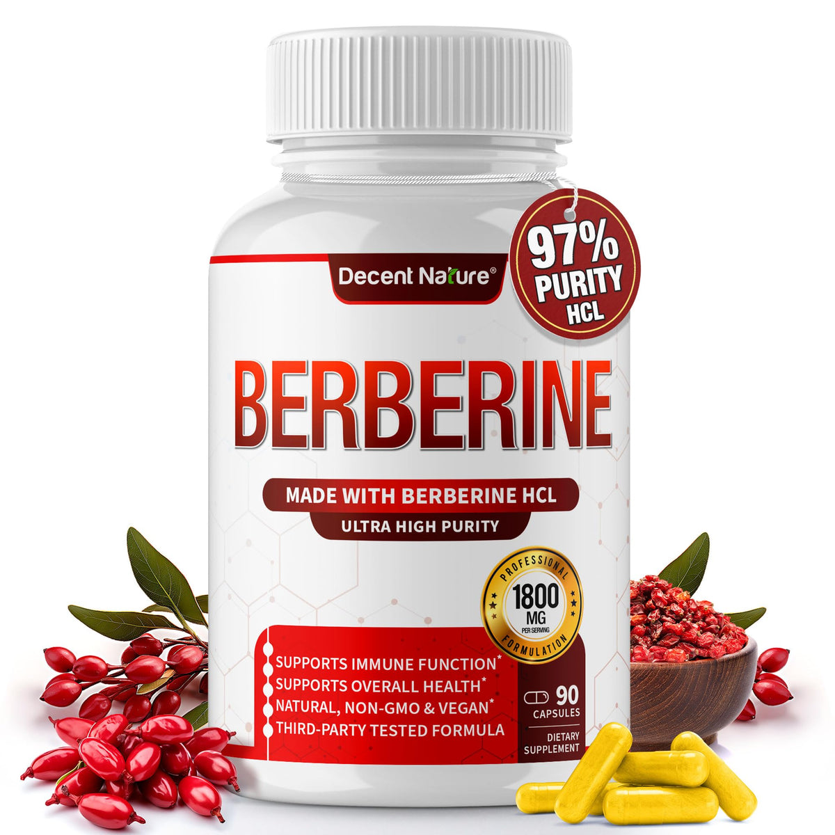 DECENT NATURE Berberine HCL capsules in bottle, supports daily wellness.