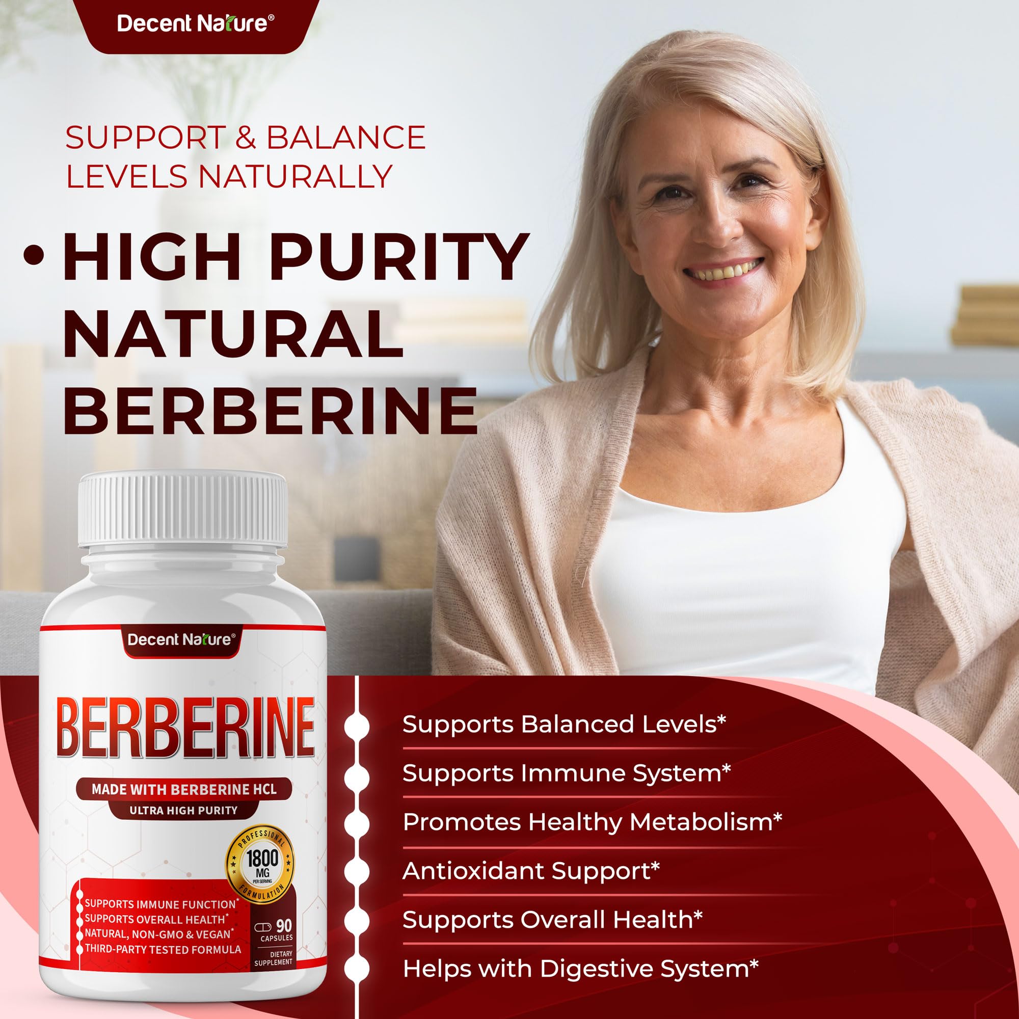 DECENT NATURE Berberine HCL ingredients panel showing 97% purity.