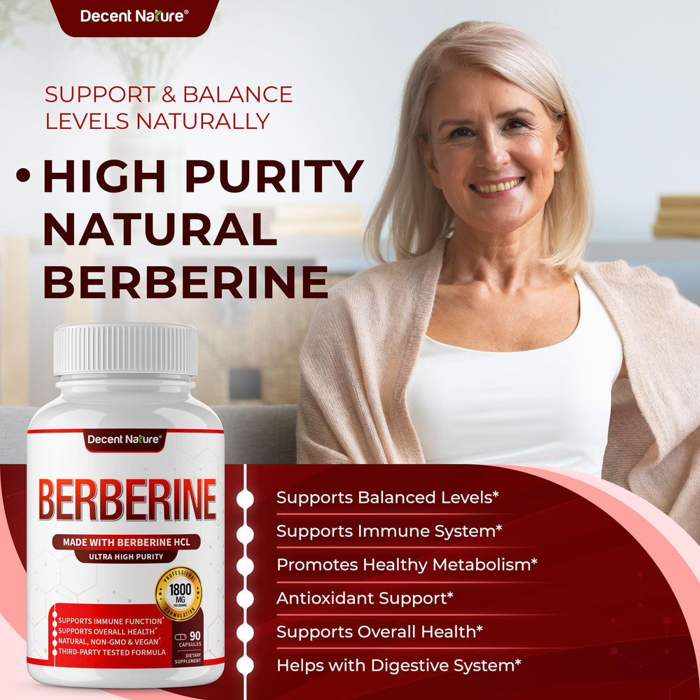 DECENT NATURE Berberine HCL ingredients panel showing 97% purity.
