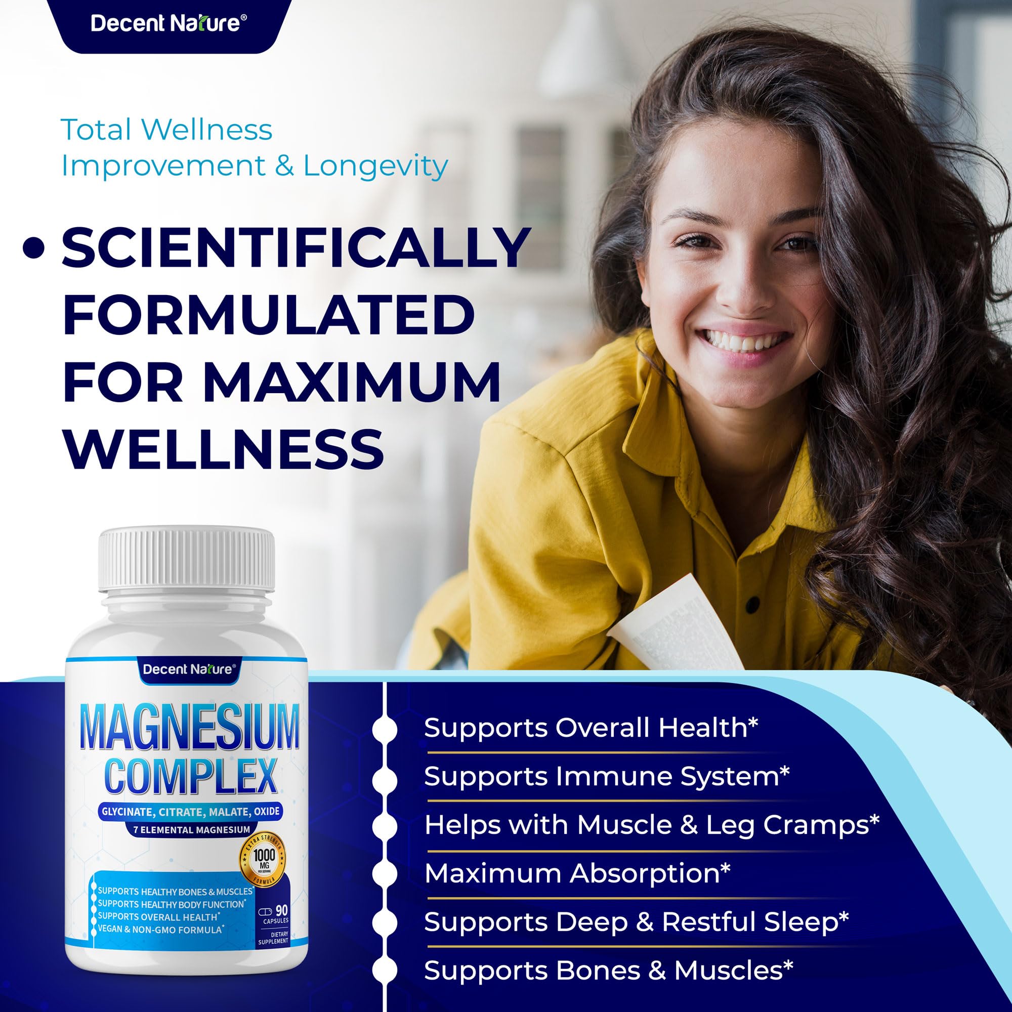 Close-up of DECENT NATURE magnesium capsules showing high-absorption formula.