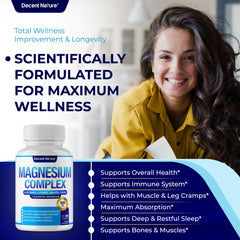 Close-up of DECENT NATURE magnesium capsules showing high-absorption formula.