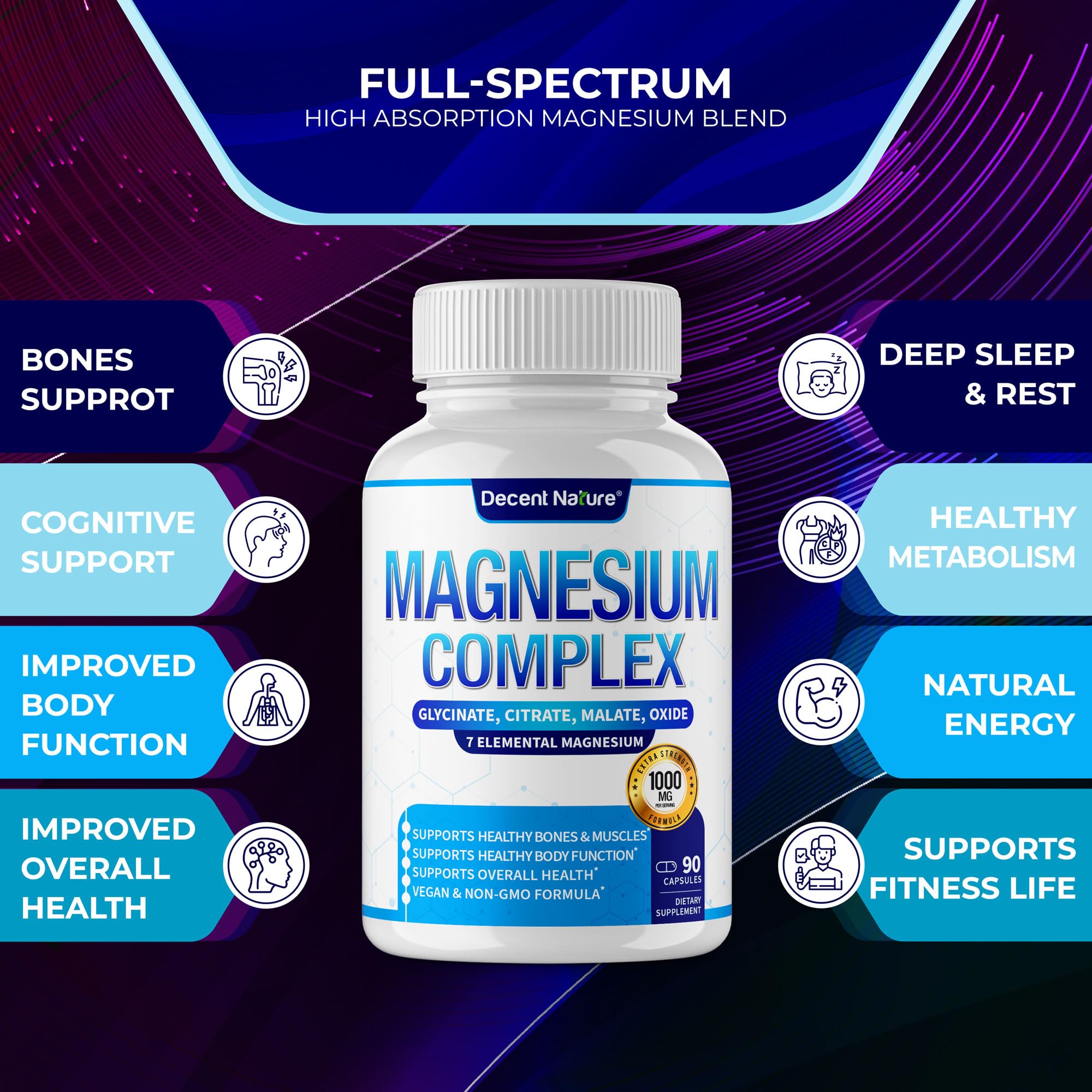 Daily-use scene with DECENT NATURE magnesium capsules in a routine.