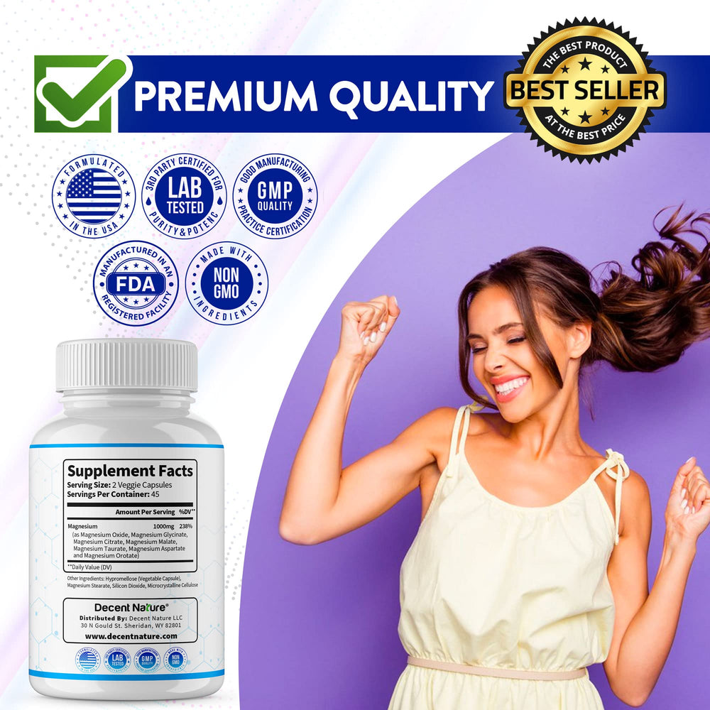 DECENT NATURE magnesium complex seal indicating Non-GMO status.