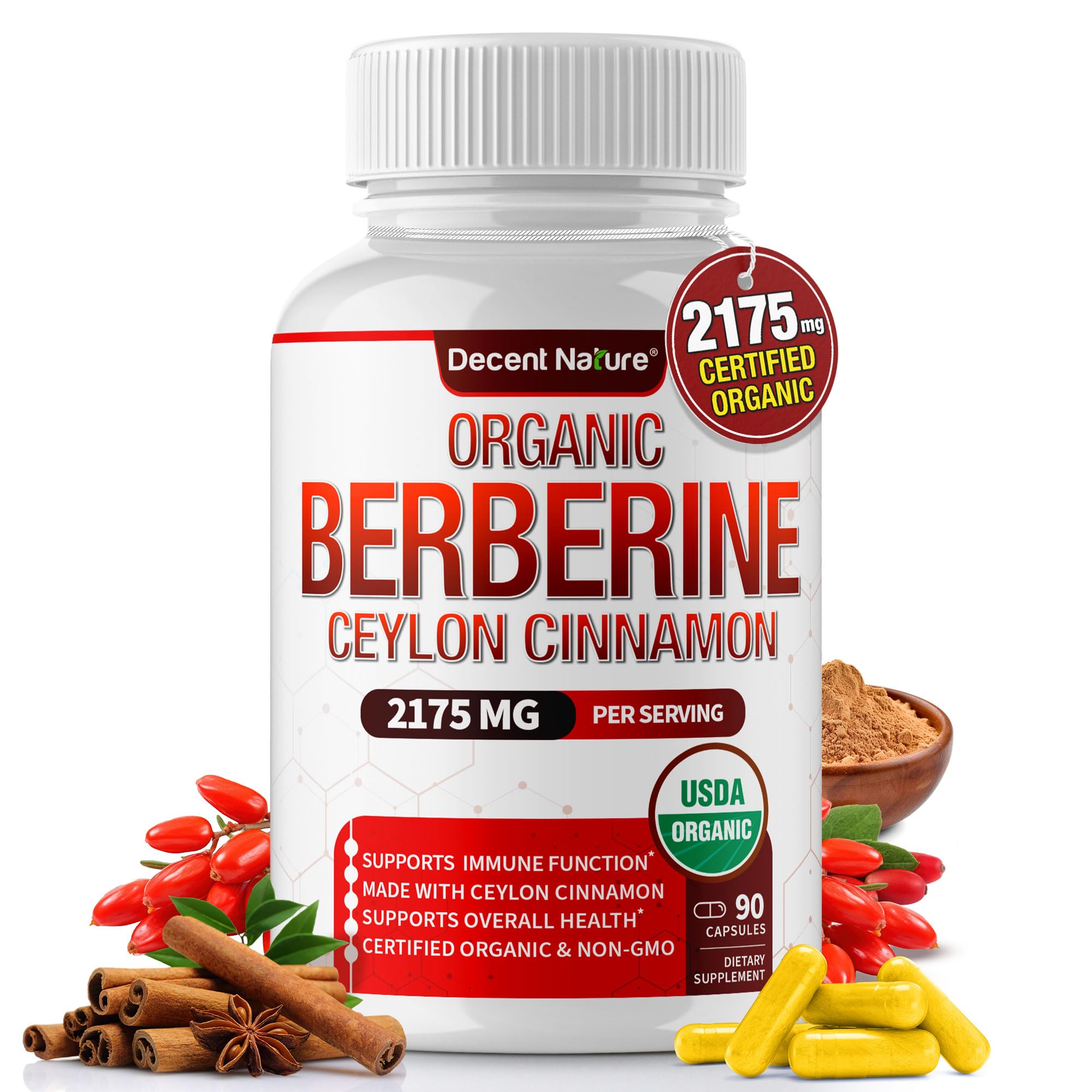 Decent Nature Organic Berberine with Cinnamon bottle for daily energy balance