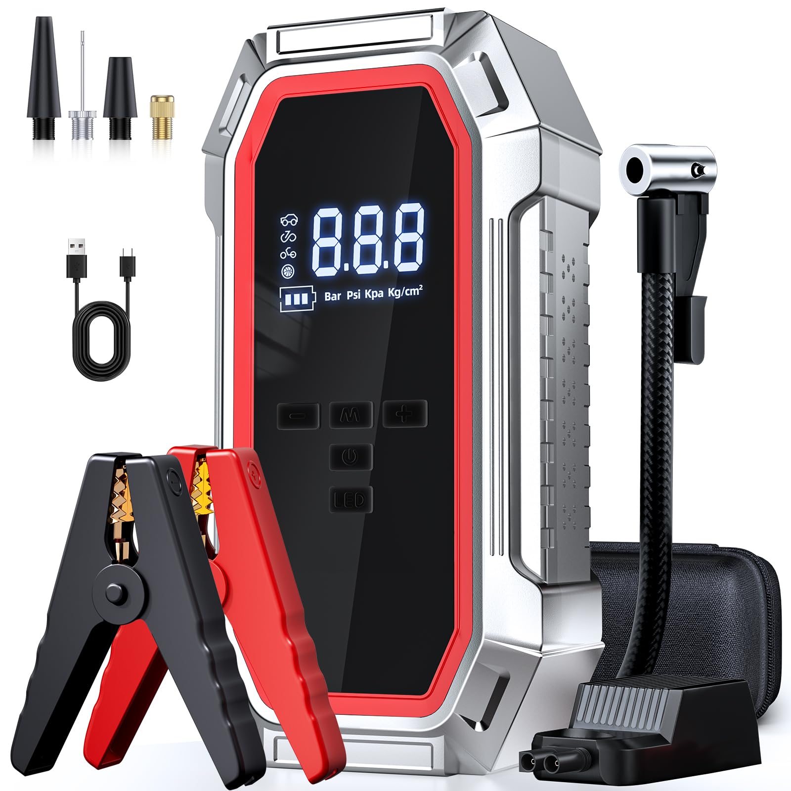 DECHANIE jump starter with air compressor for quick car battery boost and tire inflation