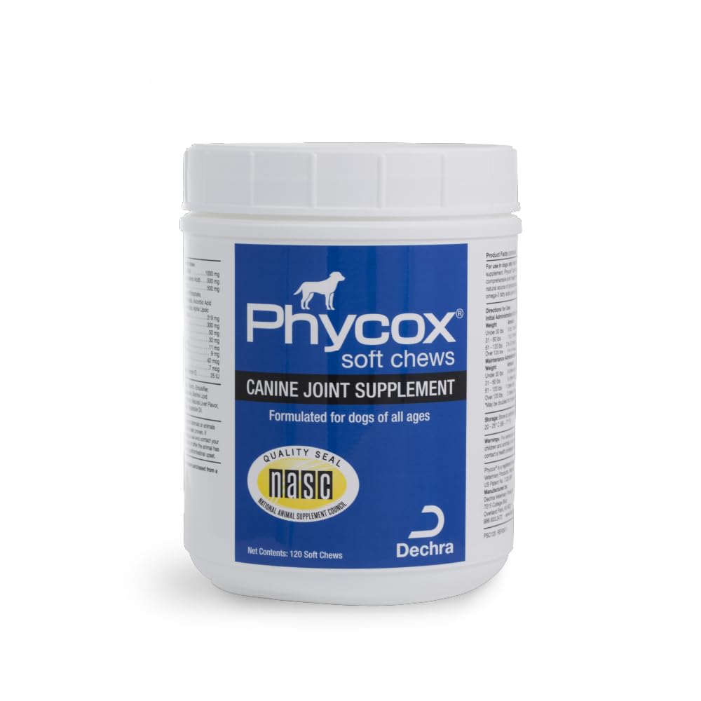 Dechra Phycox dog soft chews packaging shows joint support for active dogs