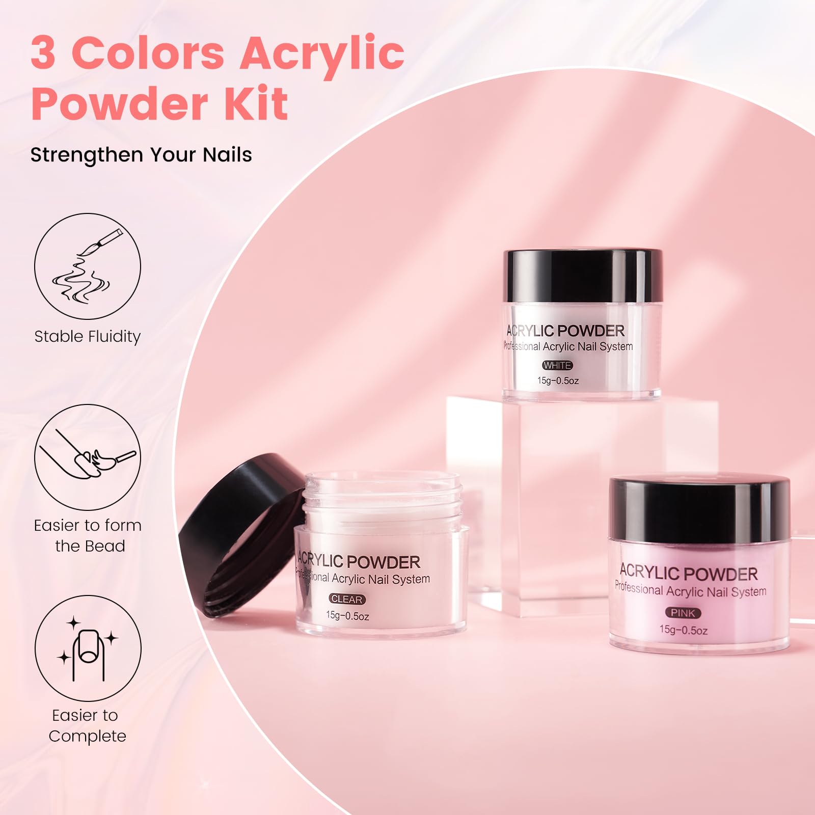 Deciniee 15g acrylic powder in three colors for versatile nail art