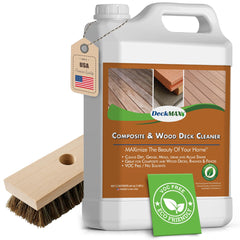 DeckMAX Premium Deck Cleaner Kit bottle pouring for stain removal on wood decks
