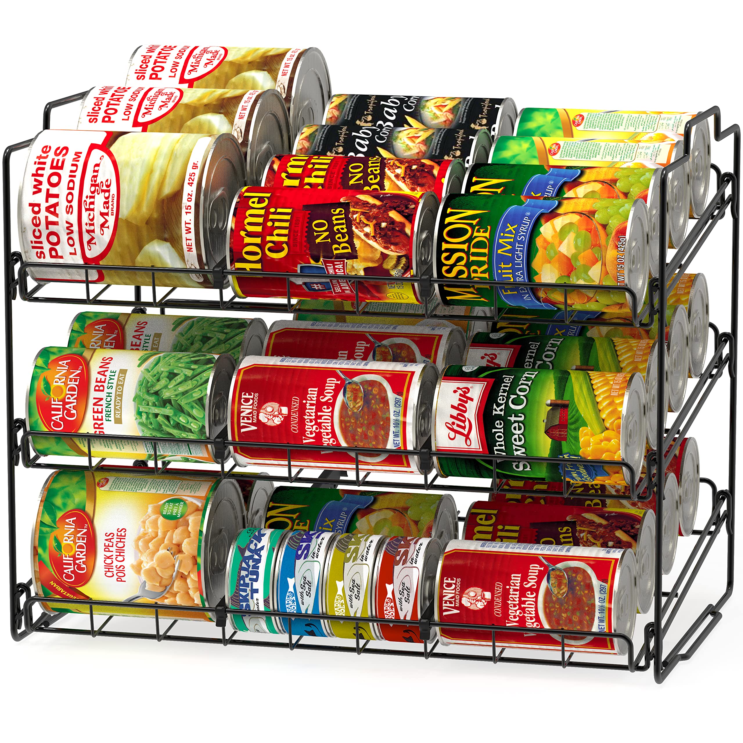 Deco Brothers stackable can rack front view, showcasing a compact three-tier pantry organizer.