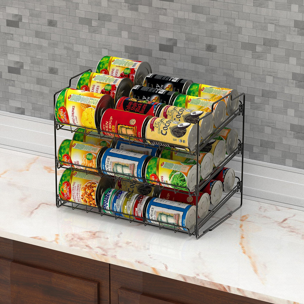 Deco Brothers stackable can rack stackable setup illustrates higher capacity and organized storage.