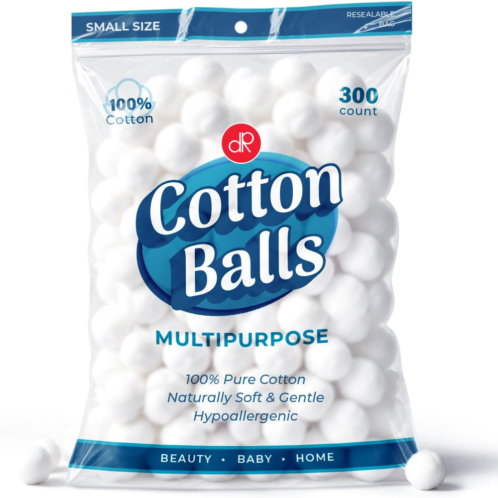 DecorRack small cotton balls 300-count pack ideal for precise makeup removal and gentle cleaning.