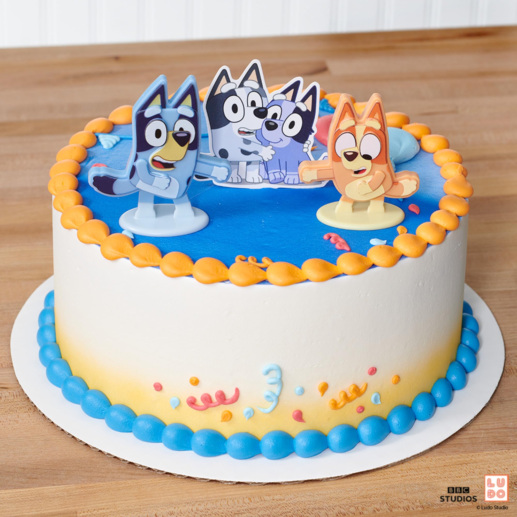 Muffin and Socks poly pic with DecoSet Bluey Dance Mode toppers for festive cakes