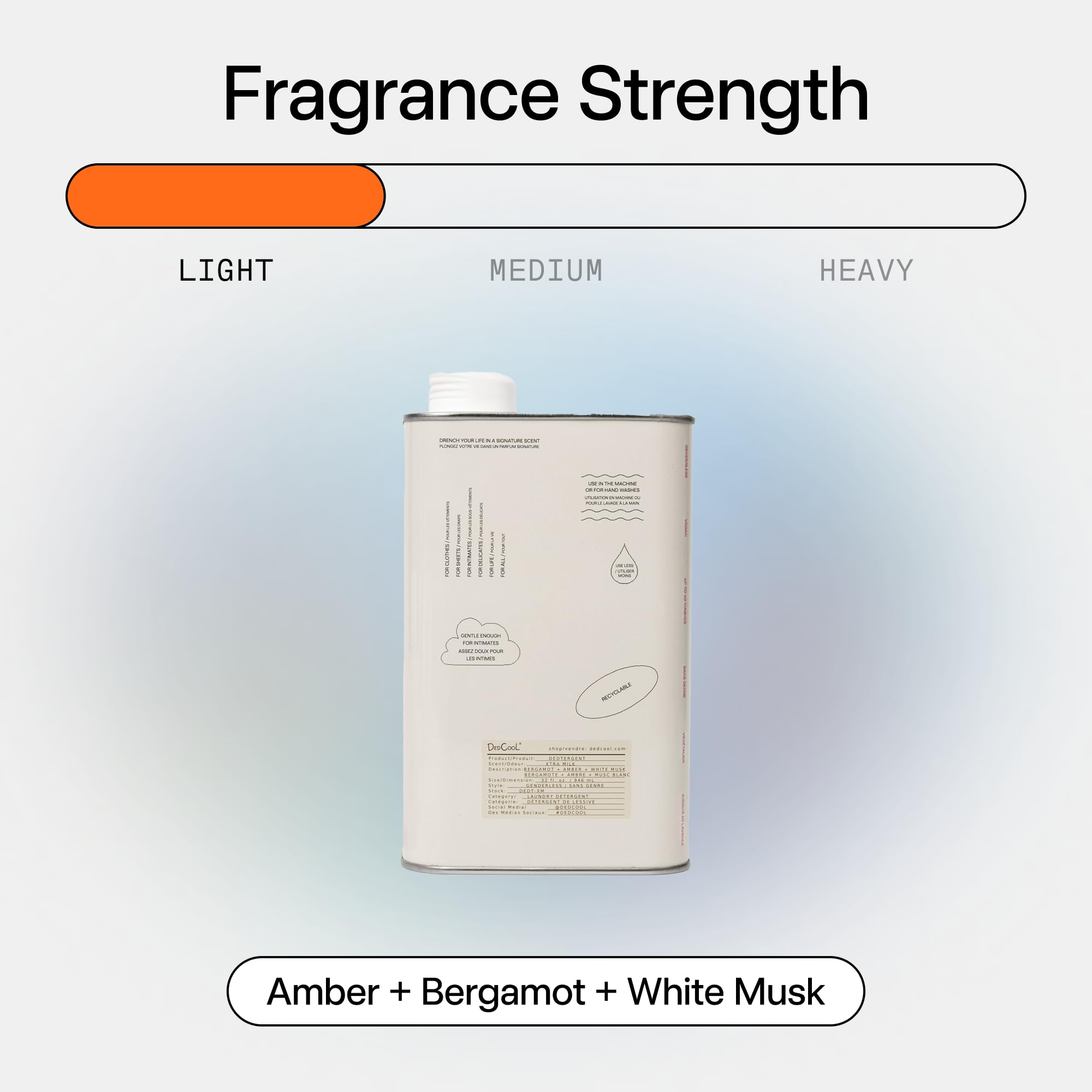 DedCool detergent with natural oils illustrated near fresh laundry and a serene, clean scent.