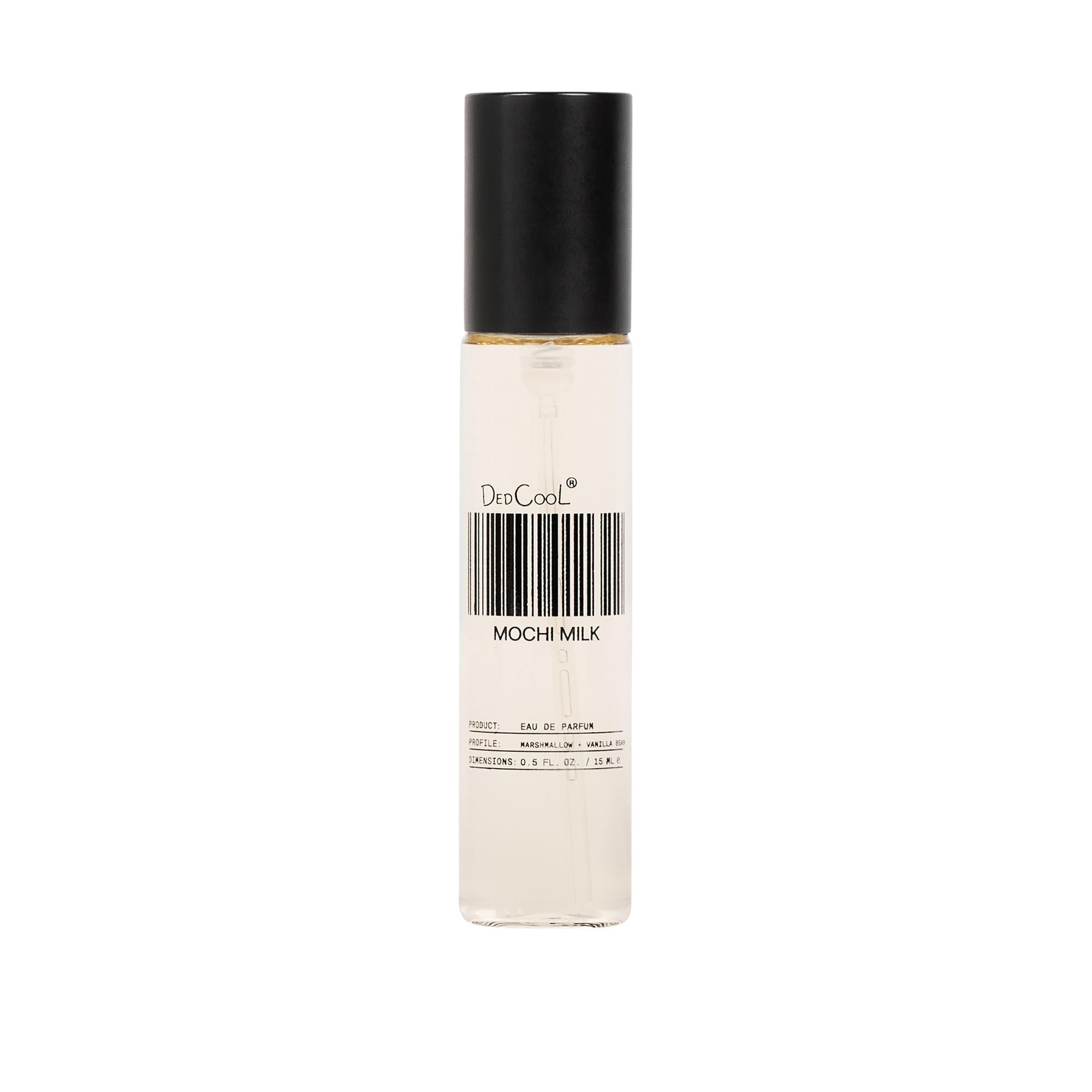 DedCool Mochi Milk EDP bottle close-up highlights peach nectar sweetness for daily wear.