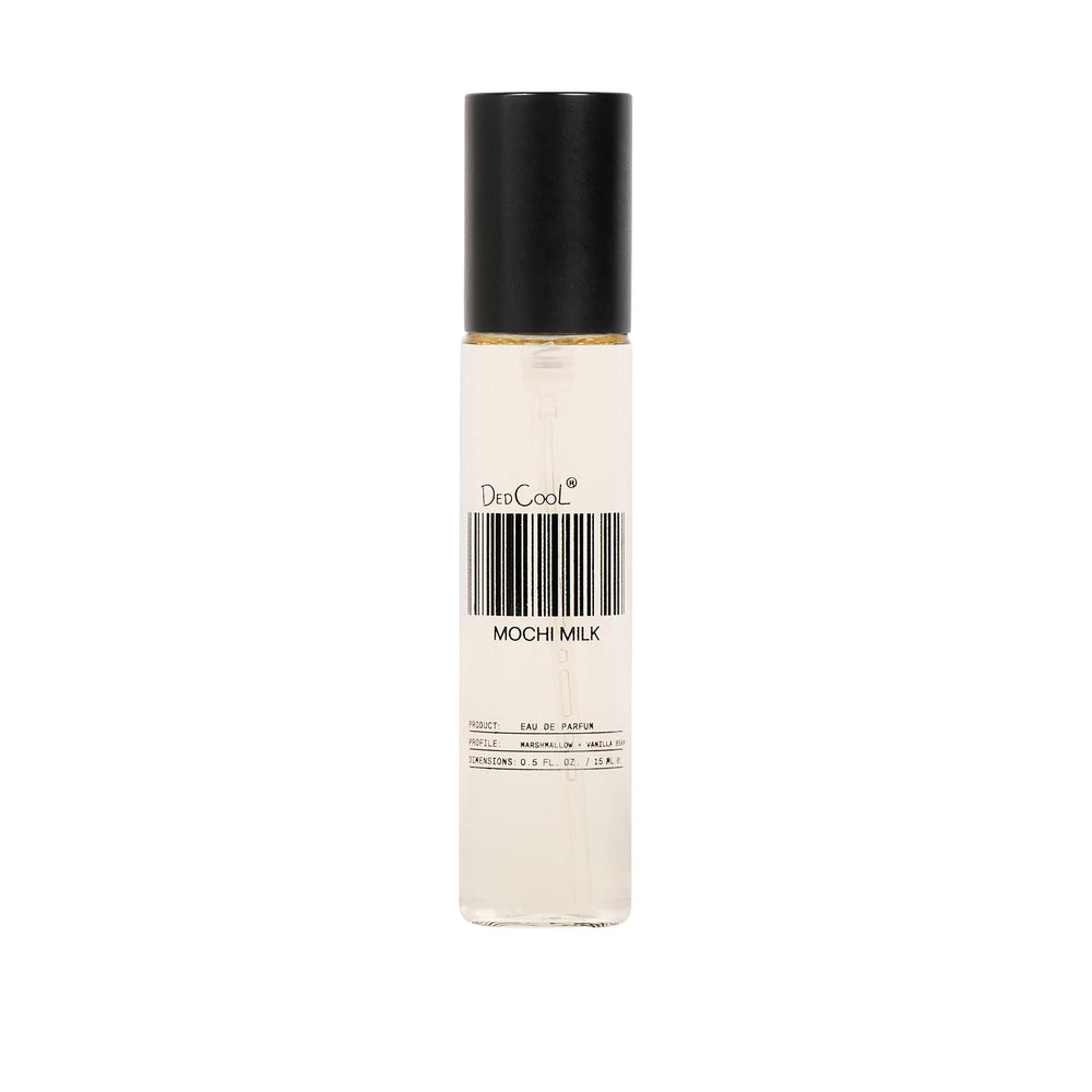 DedCool Mochi Milk EDP bottle close-up highlights peach nectar sweetness for daily wear.