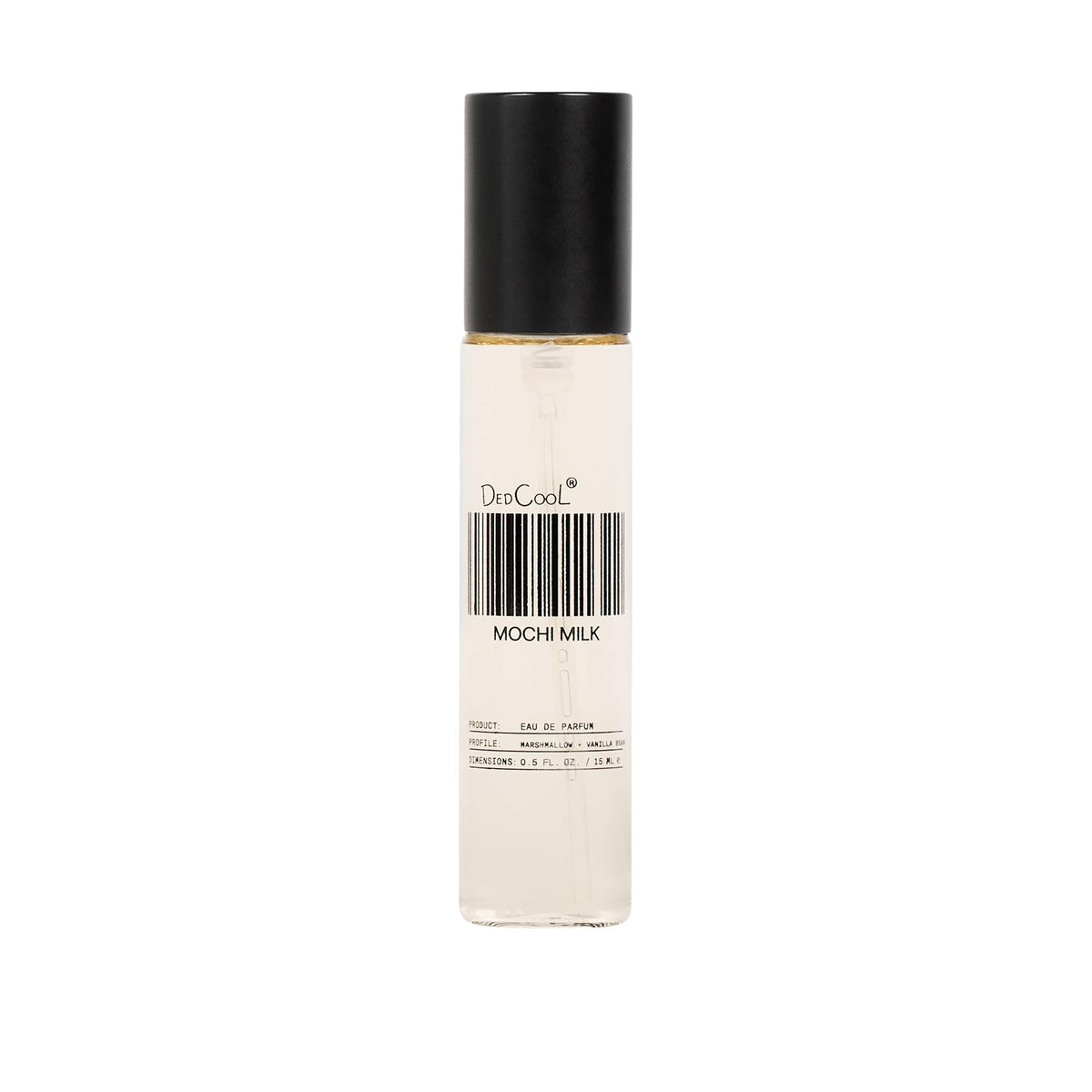 DedCool Mochi Milk EDP bottle close-up highlights peach nectar sweetness for daily wear.