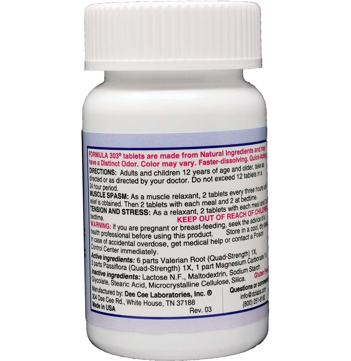 Dee Cee Laboratories Formula 303 bottle label, gluten-free and non-GMO product attributes.