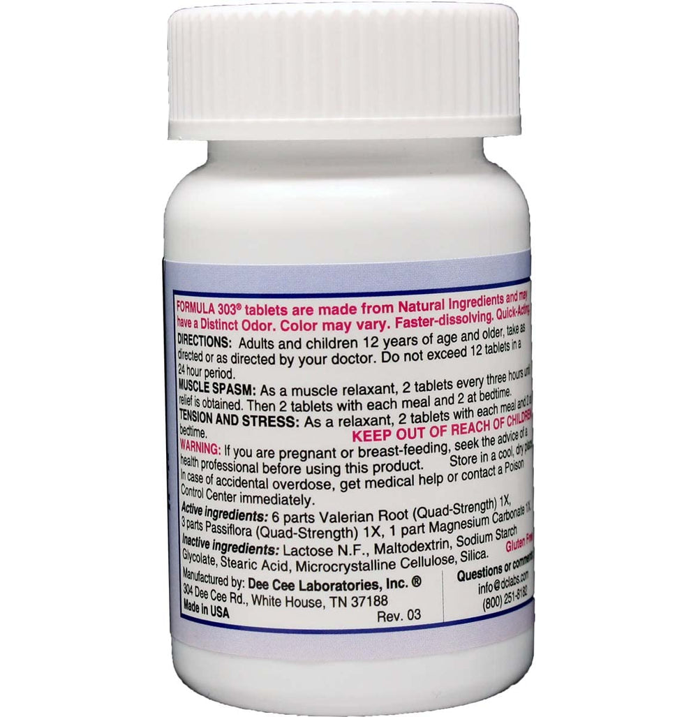 Dee Cee Laboratories Formula 303 bottle label, gluten-free and non-GMO product attributes.