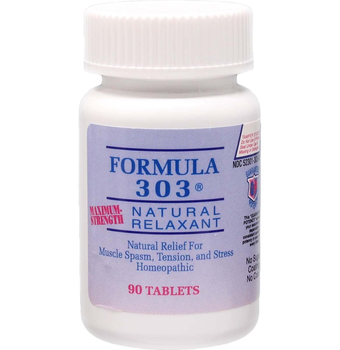Dee Cee Laboratories Formula 303 tablets close-up, natural relaxation for occasional muscle tension.