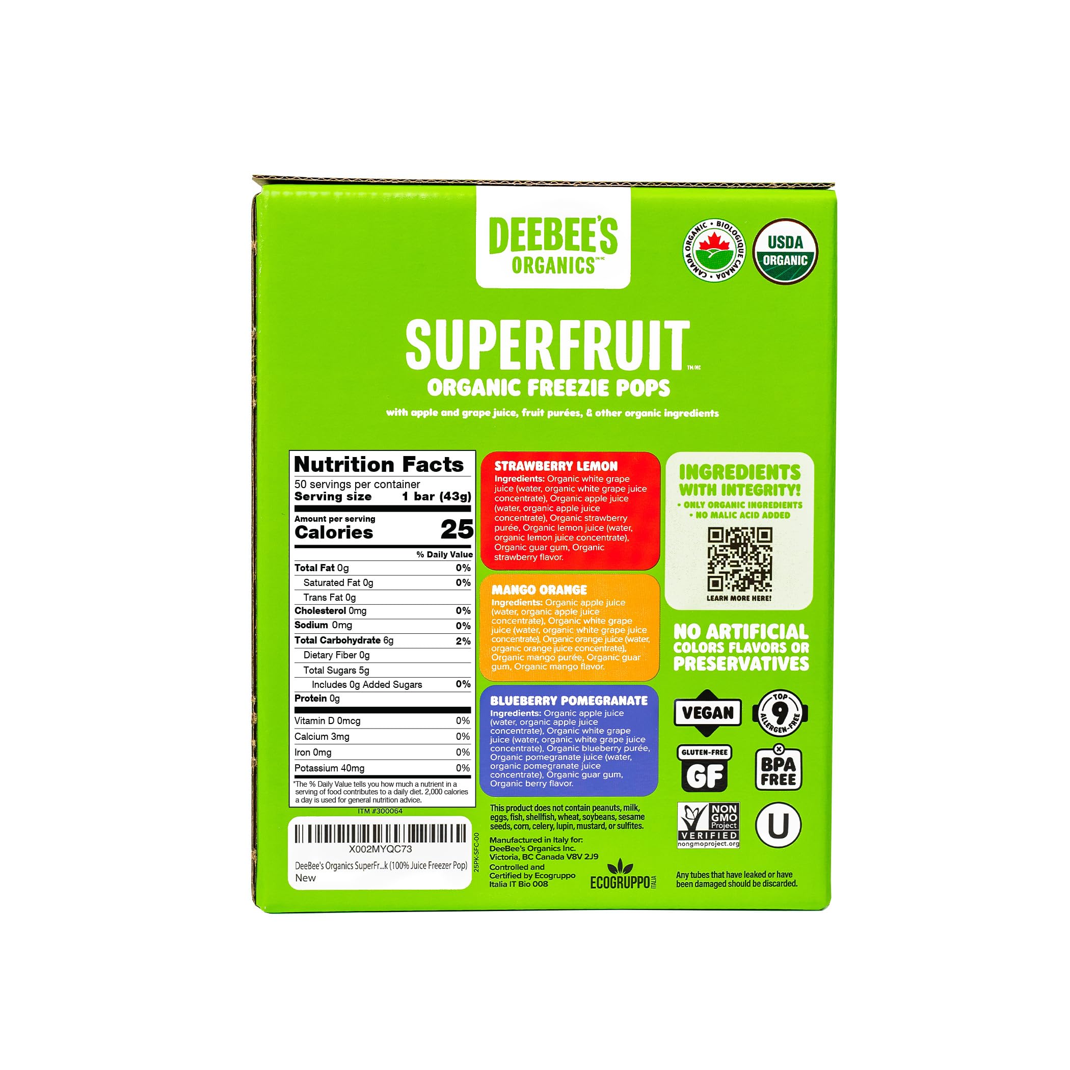 Deebee's Classic Blueberry Pomegranate Freezie Pops on shelf; low-sugar fruit snack for kids