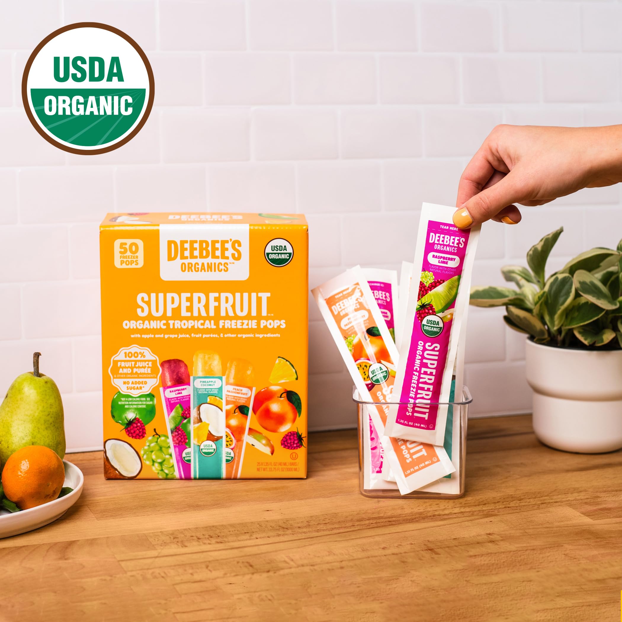 Deebee's Organic Freezie Pops Preservative-Free highlight kosher, non-GMO snacking.