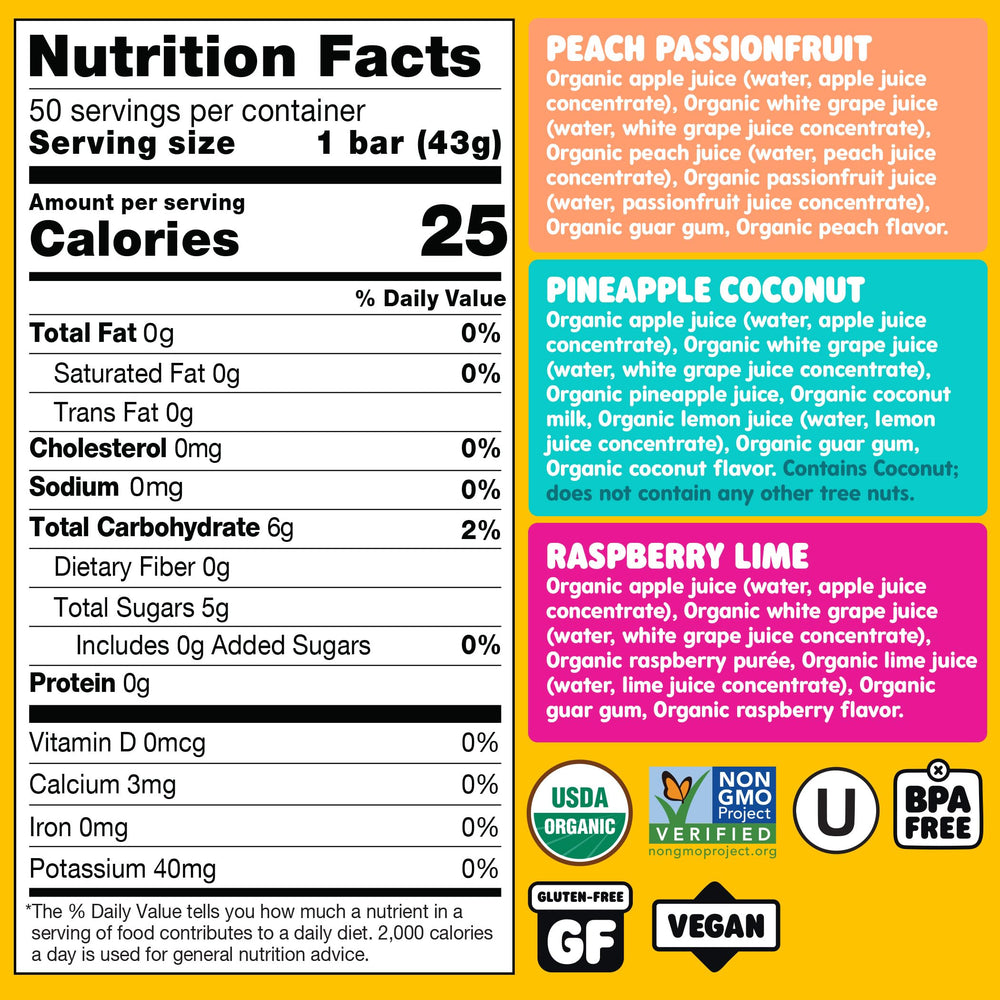 Deebee's Freezie Pops Peach Passionfruit image shows fruity sweetness with natural ingredients.