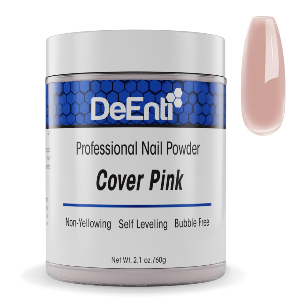 DeEnti acrylic nail powder cover pink bottle for bubble-free nails.