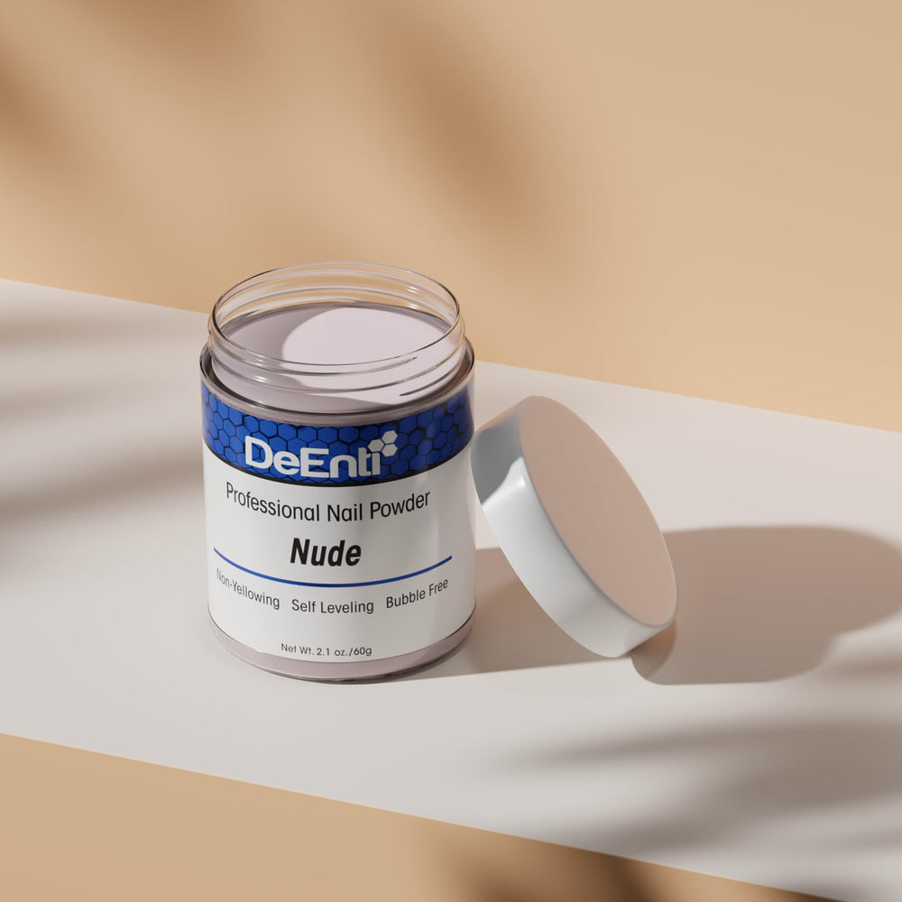 Close-up of DeEnti nude powder drying to reveal quick air-dry time.