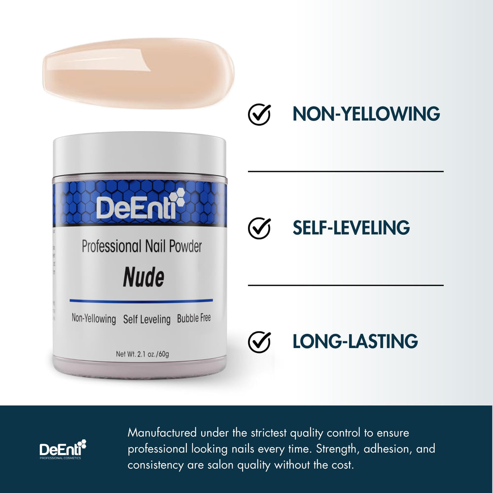 Swatch card for DeEnti nude powder showing rich pigment and smooth finish.