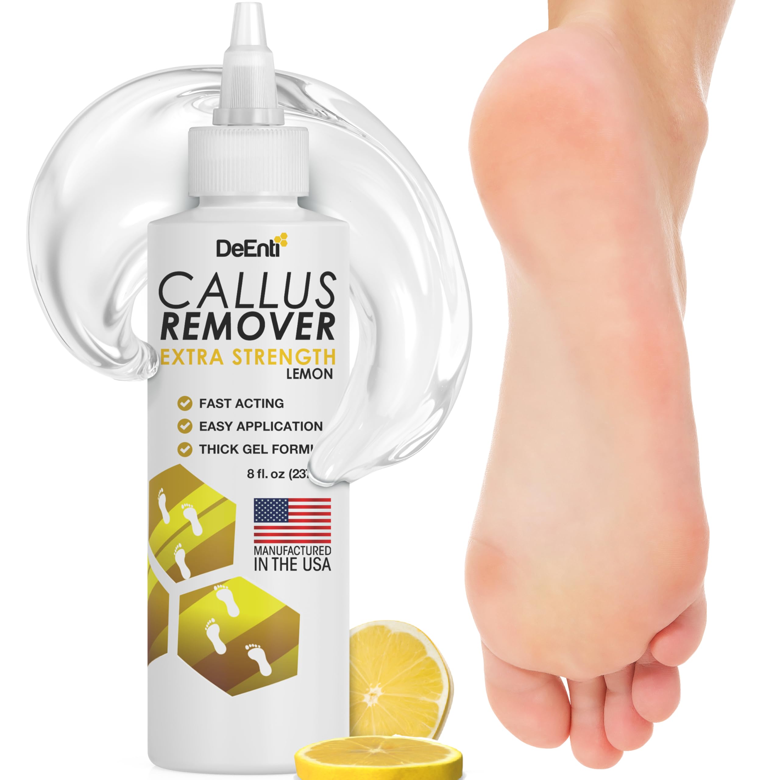DeEnti Callus Remover bottle close-up shows lemon gel for at-home pedicure that softens rough skin.
