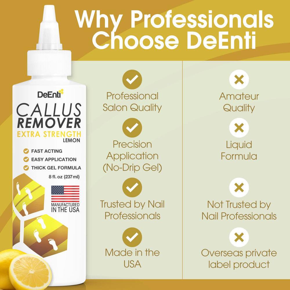 DeEnti Callus Remover uses salon-grade formula, USA-made, for home professional feel.