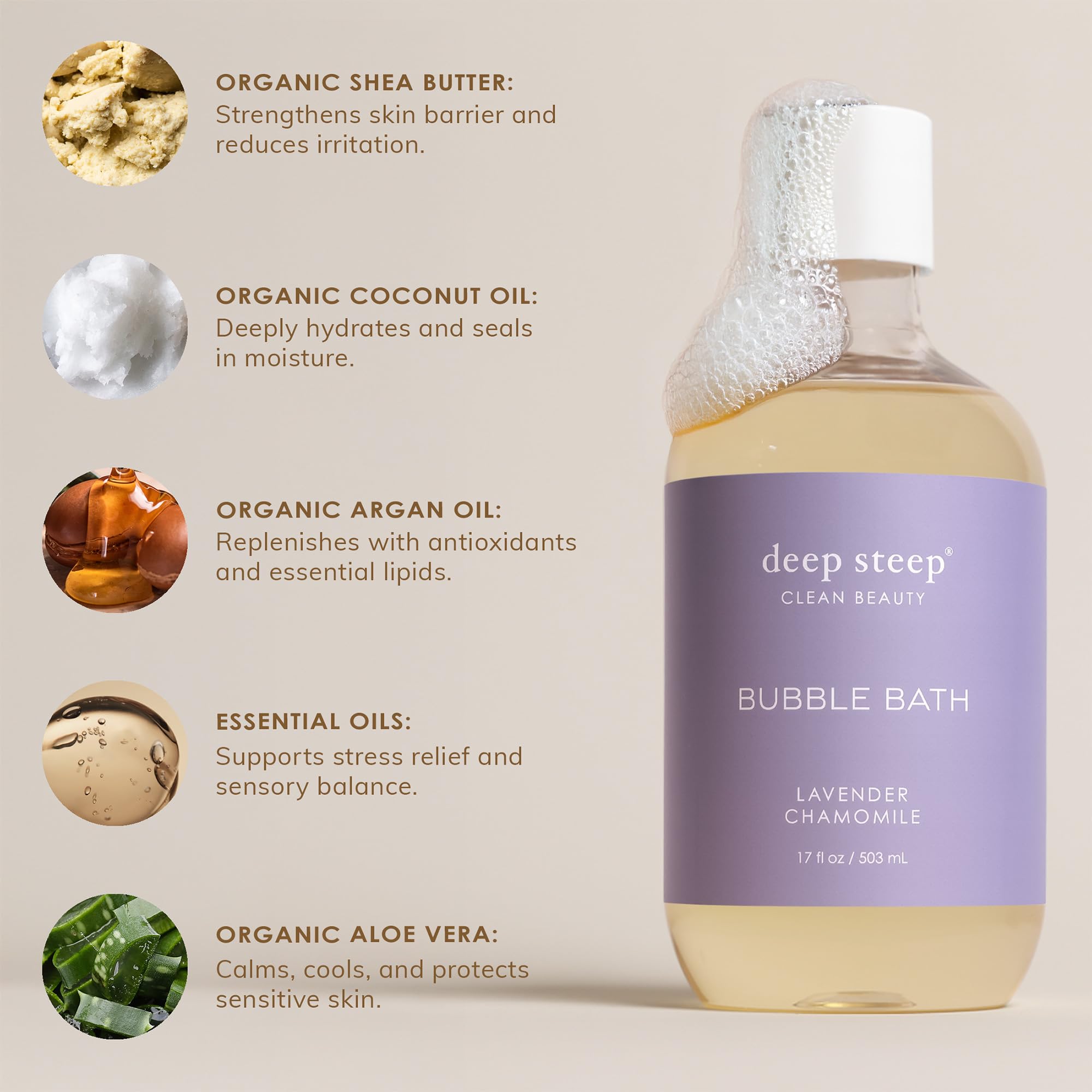 Deep Steep Lavender Chamomile Bubble Bath in a bathroom setting for a calm routine