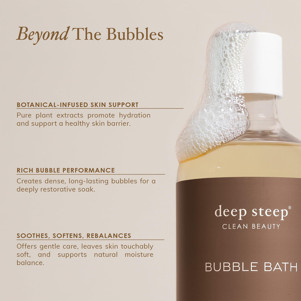 Deep Steep Lavender Chamomile Bubble Bath soft foam on tub suggests relaxing self-care
