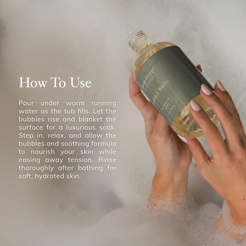 Deep Steep Lavender Chamomile Bubble Bath packaging shows clean vegan, sulfate-free formula