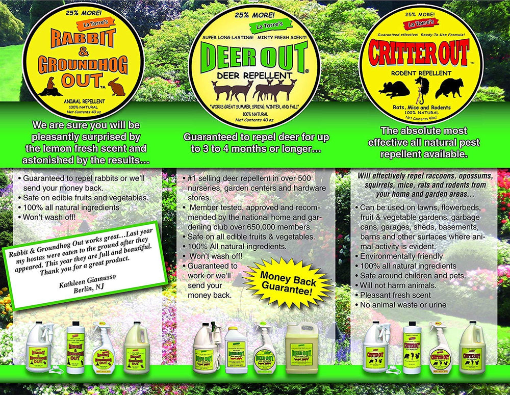 Deer Out bottle shown outdoors; rain-resistant formula stays on plants.