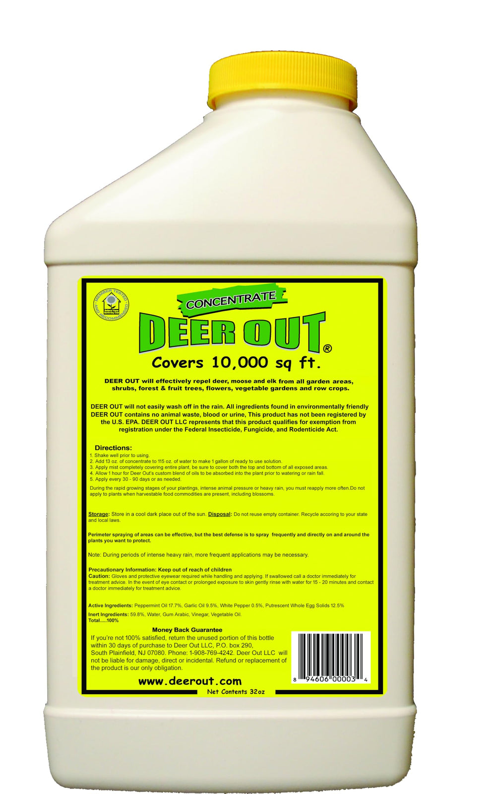 Deer Out concentrate label design highlighting natural ingredients and year-round use.