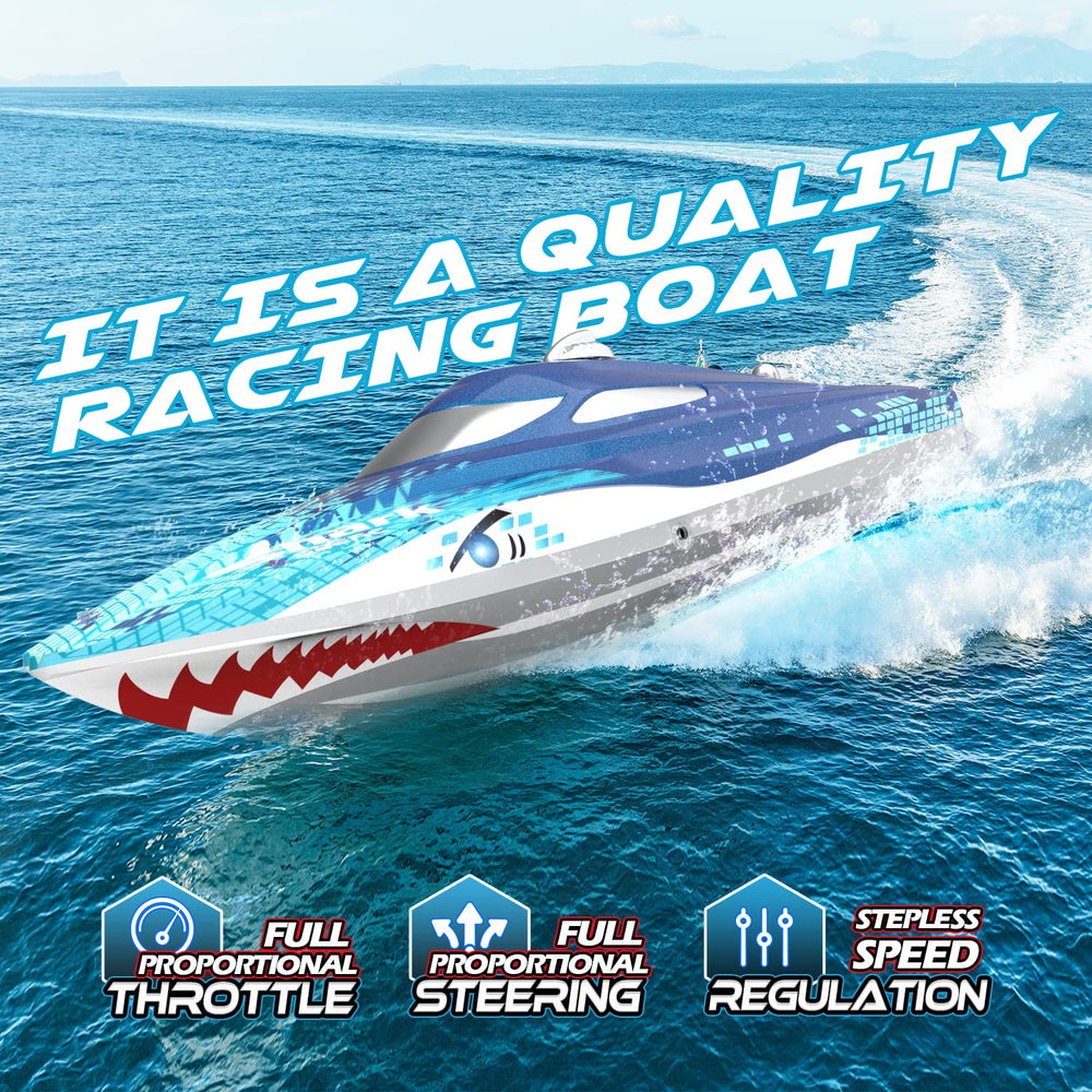 DEERC RC boat with LED eyes increases nighttime visibility and drama