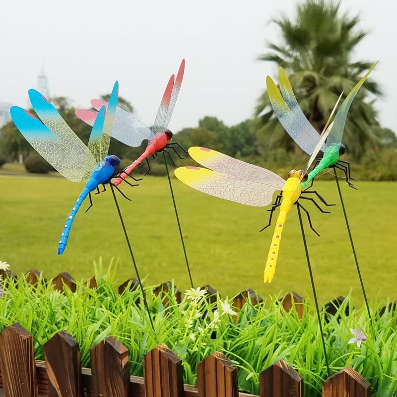 Defemim dragonfly outdoor decor sunlit scene showcases garden stakes.