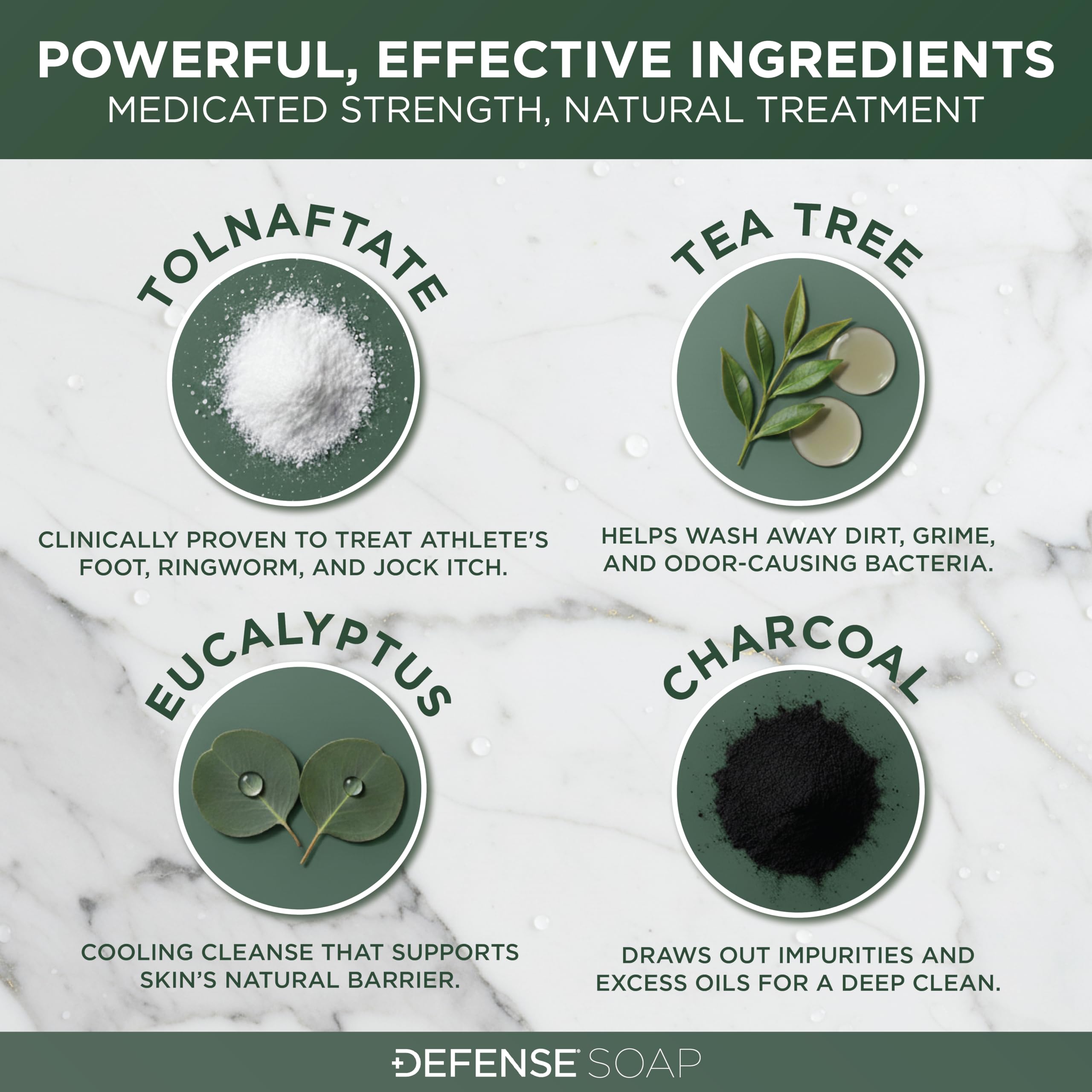 Defense Antifungal Bar Soap medicated formula closeup emphasizes tolnaftate efficacy.