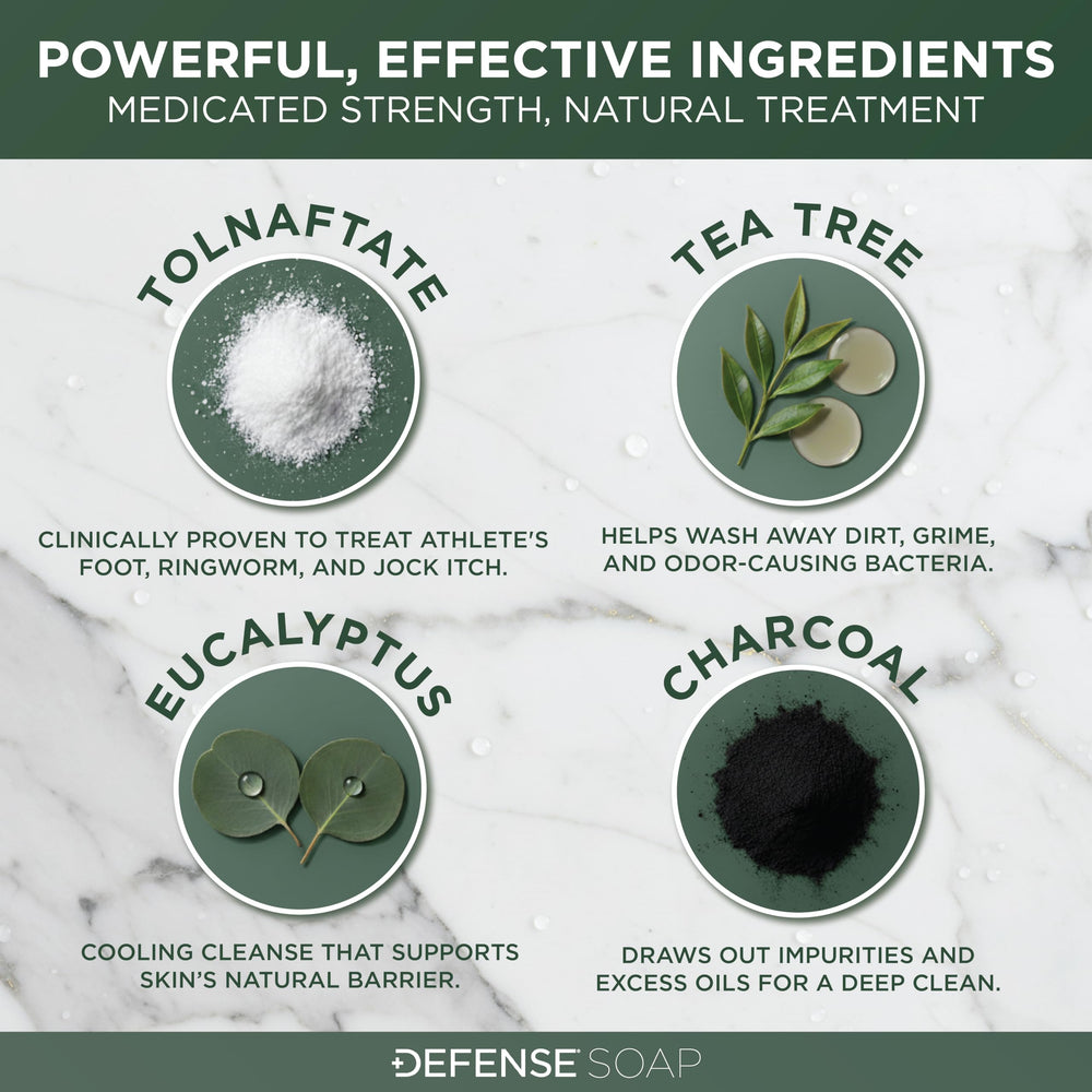 Defense Antifungal Bar Soap medicated formula closeup emphasizes tolnaftate efficacy.