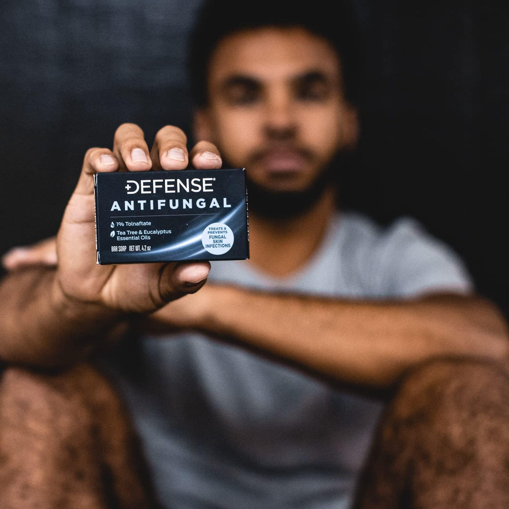 Defense Antifungal Bar Soap step-use application shows affected area cleansing process.