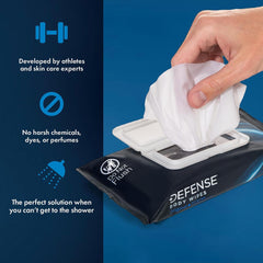 Defense Soap wipes demonstrate dirt and sweat removal after workouts