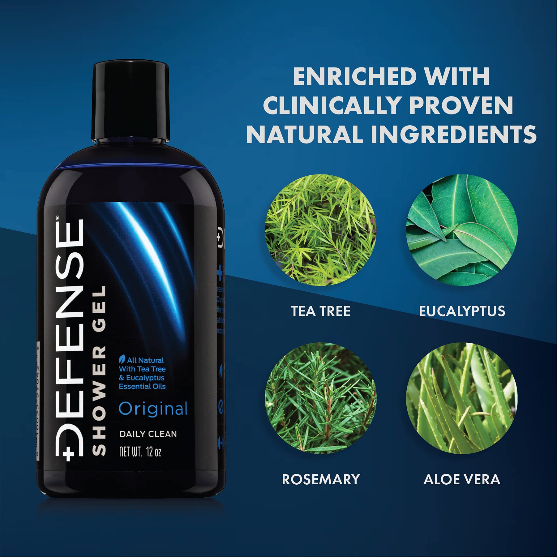 Close-up of Defense Soap Tea Tree Body Wash bottle showing tea tree and eucalyptus oils
