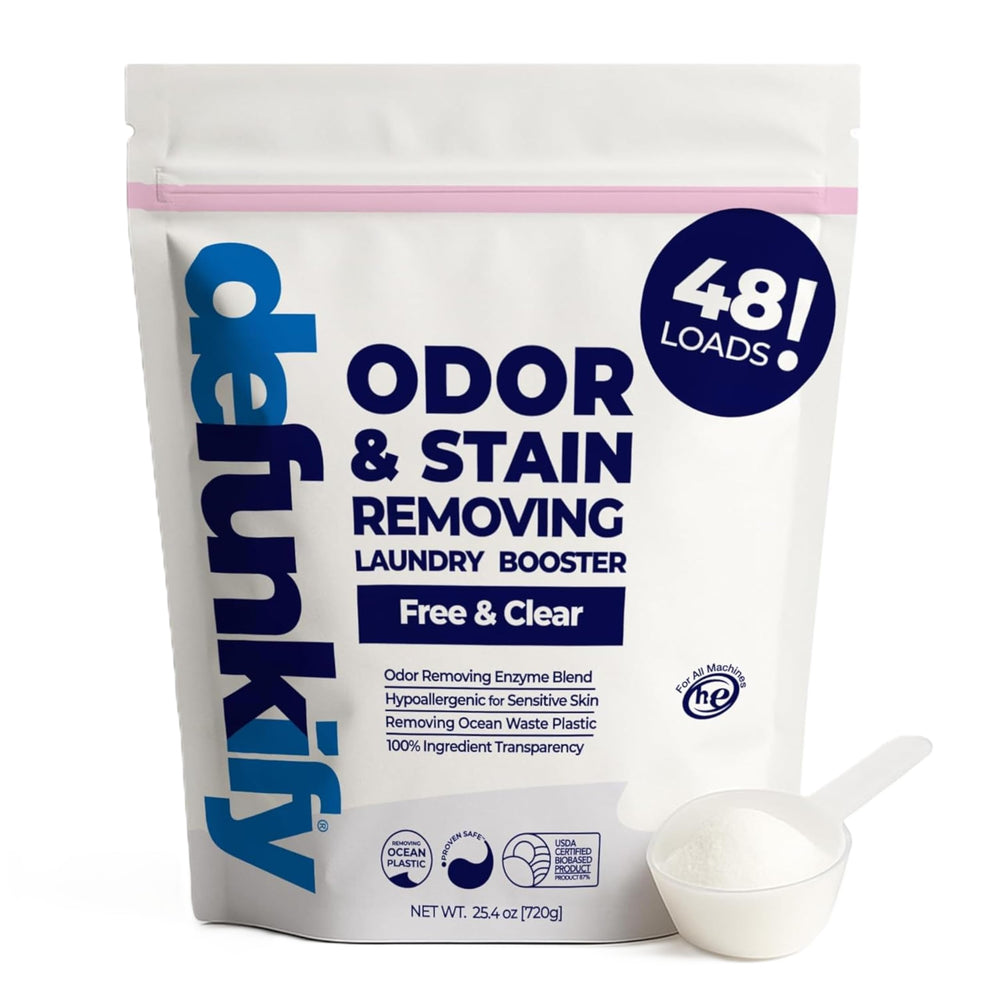 DEFUNKIFY enzyme laundry booster unscented bottle shows deep cleaning potential for fabrics