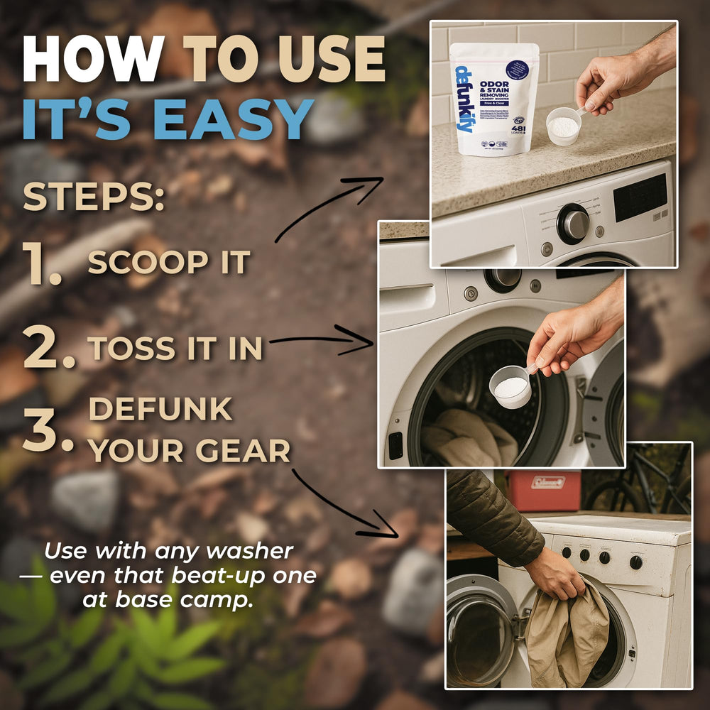 DEFUNKIFY odor removal closeup emphasizes fresh, scent-free laundry outcomes