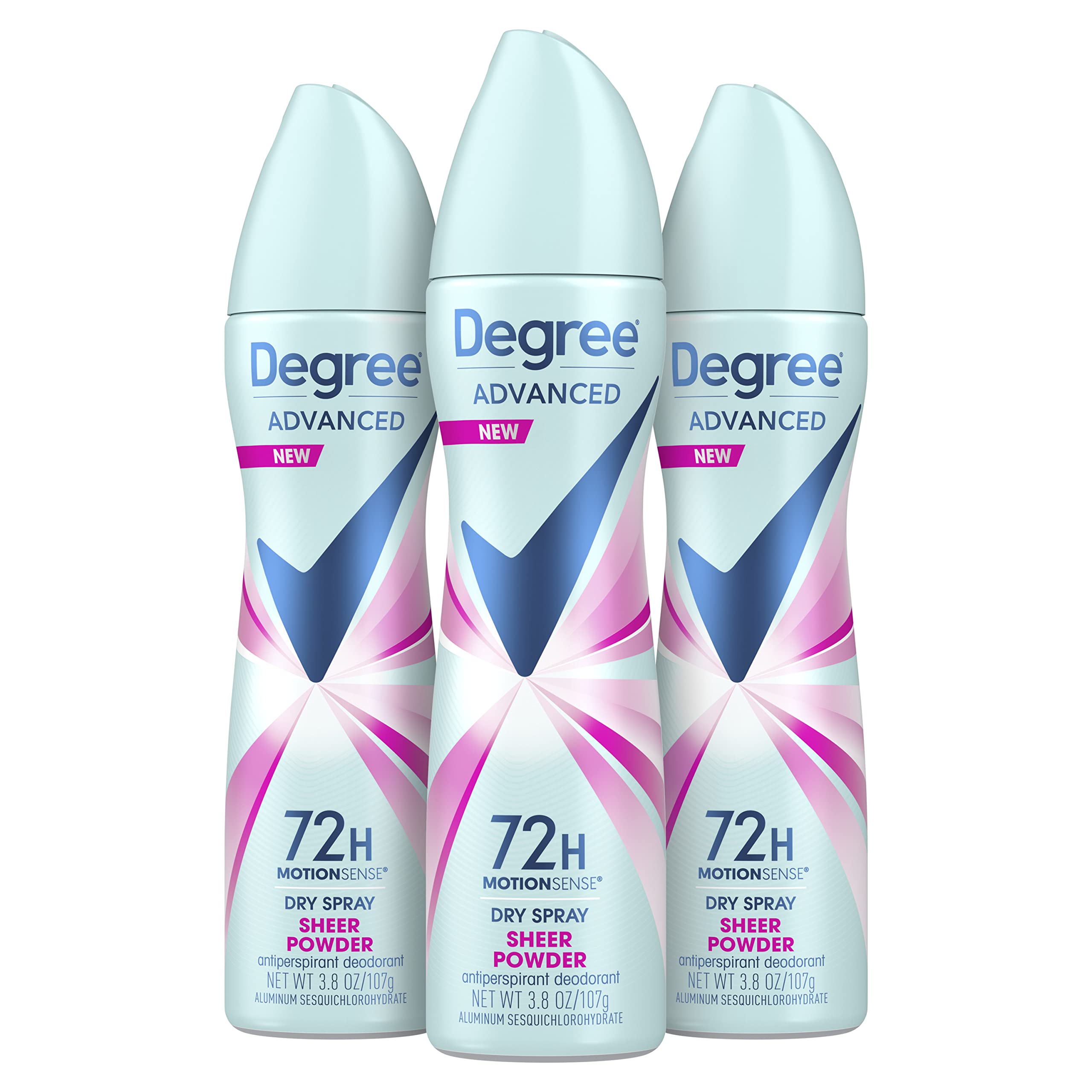 Degree Advanced Sheer Powder dry spray bottle front shows instant dry feel.